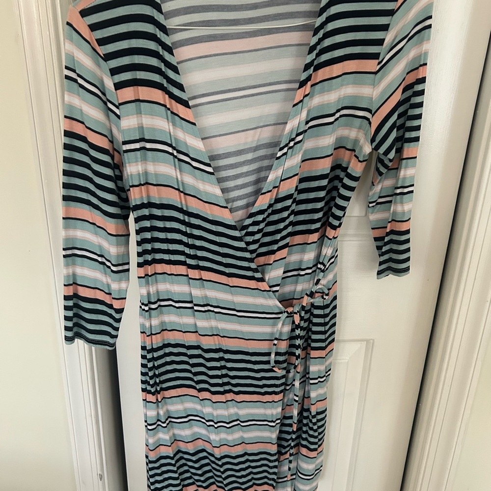 Striped Wrap Dress in light blue, Navy & Blush